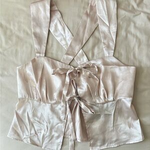 NWT Le Lis Cream/Beige Satin Hearts Tie Front Top